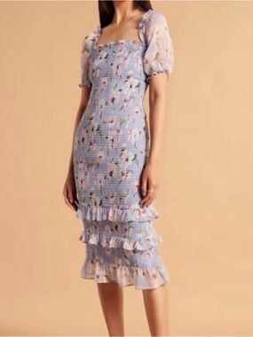 Abercrombie Floral Smocked Puff Sleeve Midi Dress